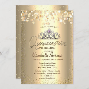 Convite Pontos de Confetti Dourados, Tiara Quinceañera
