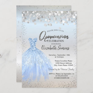 Convite Pontos de Confetti Silver, Quinceañera Vestido Azu