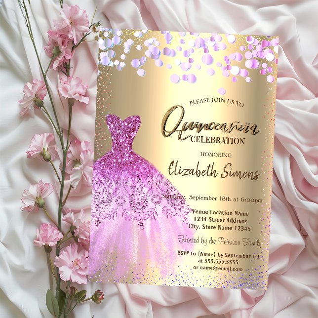 Convite Pontos de Confetti Violet, Vestido Quicañera (Criador carregado)