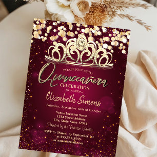 Convite Pontos de Ouro Chic, Tiara Burgundy Quinceañera 