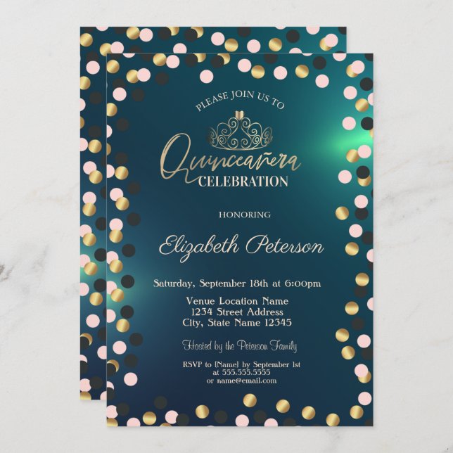Convite Pontos Dourados Elegantes, Tiara Green Quinceañera (Frente/Verso)
