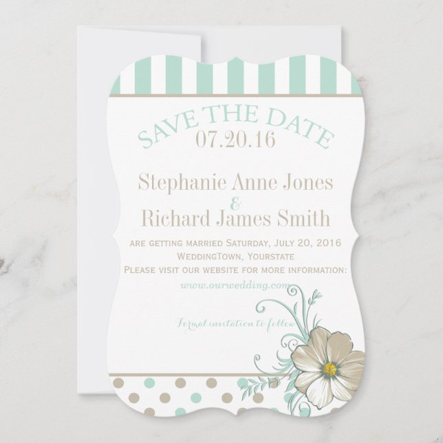 Convite PONTOS E LISTRAS EM BISQUE MENTA Save the Date (Frente)