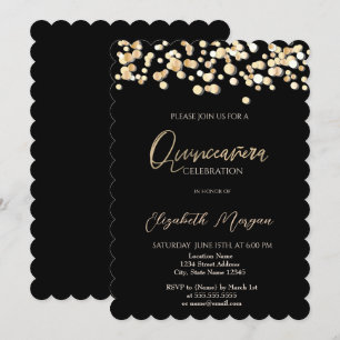 Convite Pontos Elegantes, Confetes Preto Quinceañera