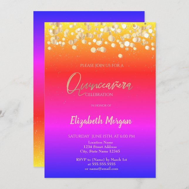 Convite Pontos Elegantes, Confetti Colorido Ombre Quinceañ (Frente/Verso)