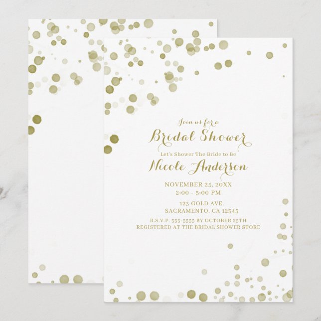 Convite Pontos em Aquarela Dourada Chuveiro de Noiva Moder (Frente/Verso)