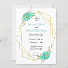 Convite Pontos Geométricos Florais Dourados Teais