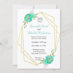 Convite Pontos Geométricos Florais Dourados Teais