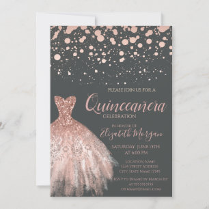 Convite Pontos Modernos em Dourado Rosa, Vestido Cinza Qui
