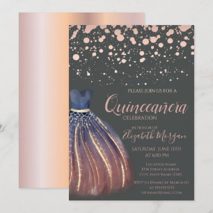Convite Pontos Modernos em Ouro Rosa, Elegante Vestido Cin
