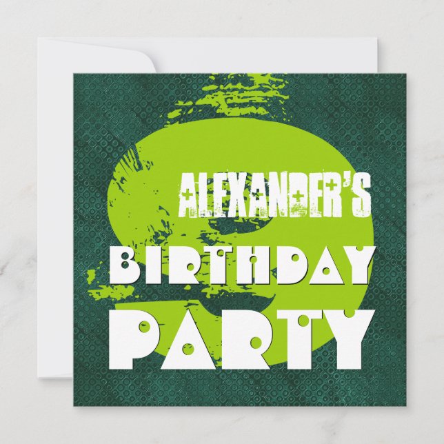 Convite Pontos Verdes Grunge de 9 Anos de Festa de anivers (Frente)
