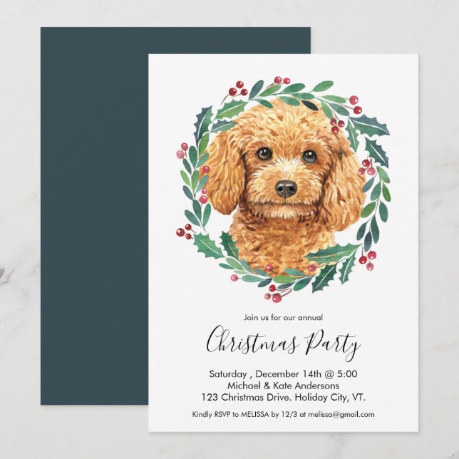 Convite Poodle Cute Dog Elegante Wreath Festa de Natal (Frente/Verso)