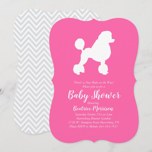 Convite Poodle Dog Chá de fraldas Rapariga Rosa-Rosa Franc (Frente/Verso)