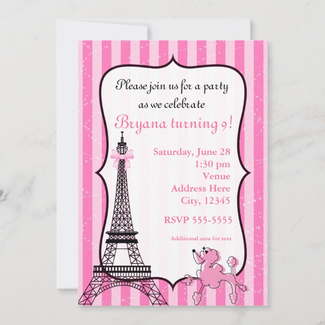 Convite Poodle em Paris Rosa Listrado Torre Eiffel Chic (Frente)