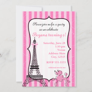 Convite Poodle em Paris Rosa Listrado Torre Eiffel Chic