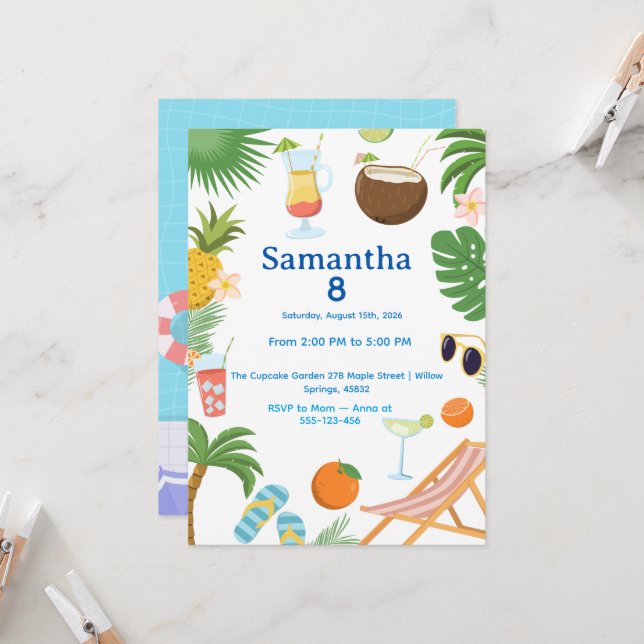 Convite Pool Party Birthday Invitation - Summer Theme (Frente/Verso In Situ)