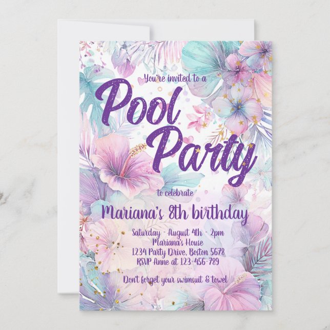 Convite Pool Party Birthday Pink Girly Pool Party (Frente)
