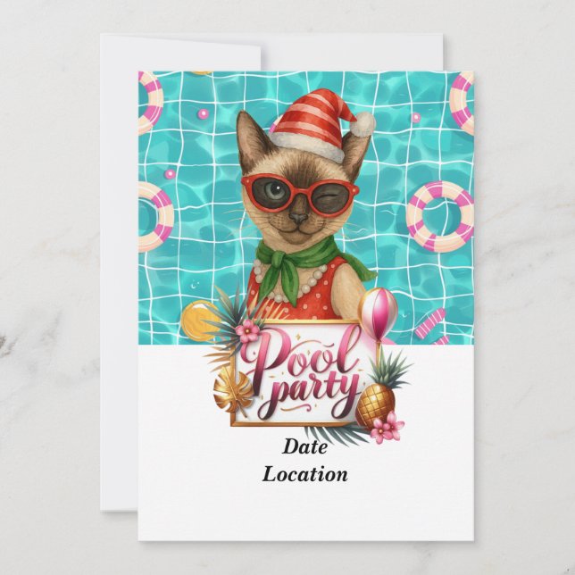 Convite Pool Party Christmas in July for Cat Lovers (Frente)