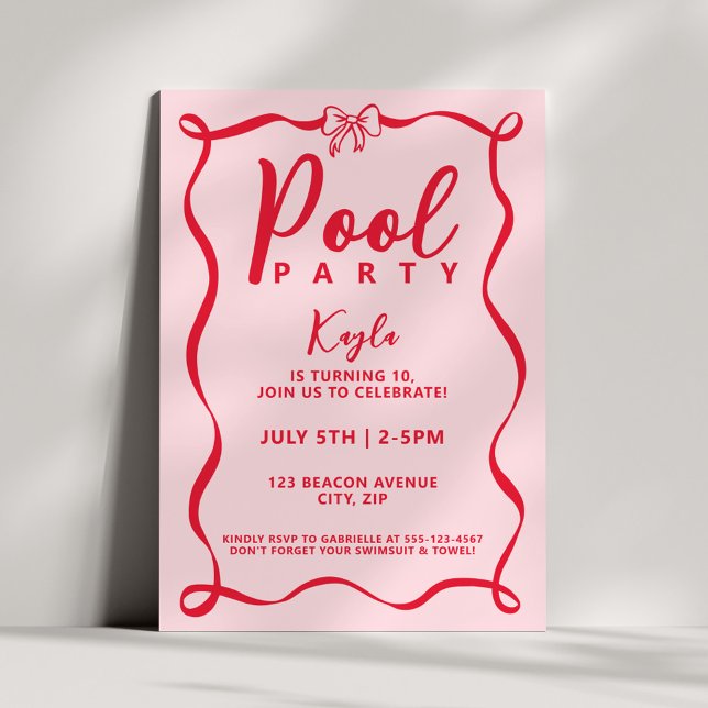 Convite Pool Party Girly Red Bow Coquette Pink Wavy (Criador carregado)