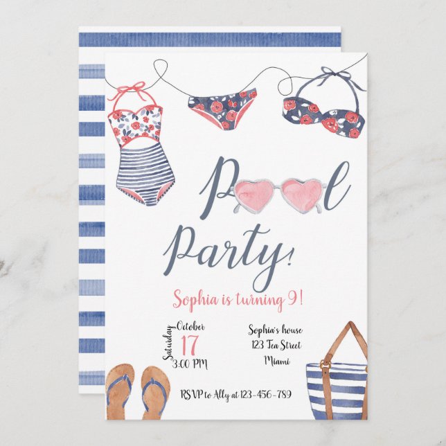 Convite Pool Party Invitation, Pool Party Invite (Frente/Verso)