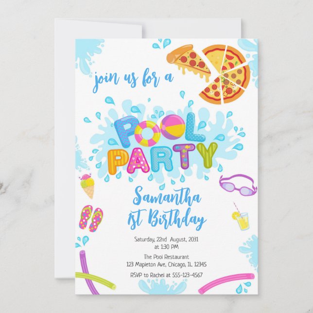 Convite Pool Party | Modern Summer Themed Birthday Party (Frente)