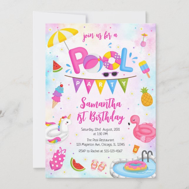 Convite Pool Party | Modern Summer Themed Birthday Party (Frente)