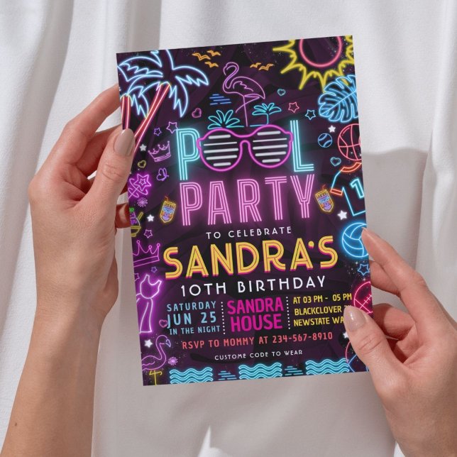 Convite Pool Party Night | Neon Glow Birthday Party (pool party invitation)