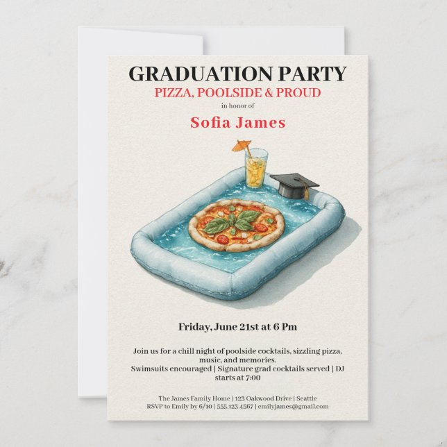 Convite Pool Party Pizza Graduation Celebration Invitation (Frente)
