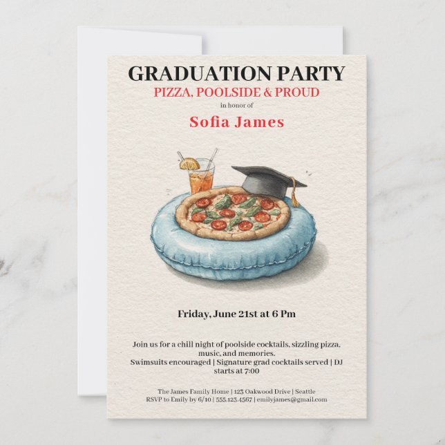 Convite Pool Party Pizza Graduation Celebration Invitation (Frente)