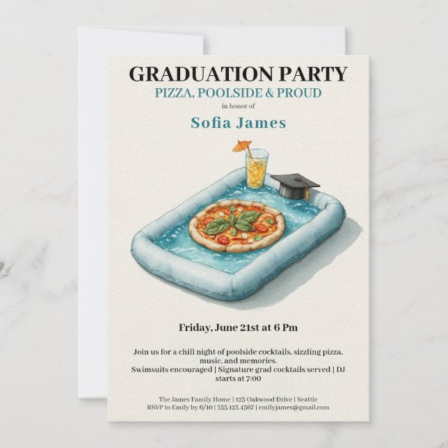 Convite Pool Party Pizza Graduation Celebration Invitation (Frente)