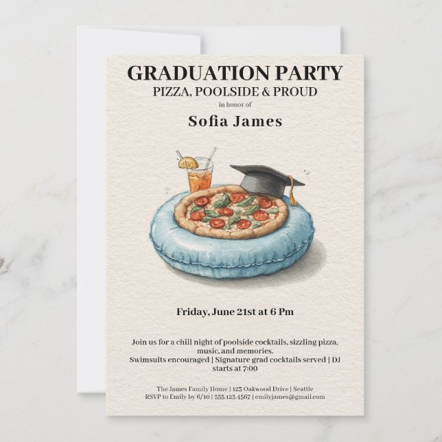 Convite Pool Party Pizza Graduation Celebration Invitation (Frente)