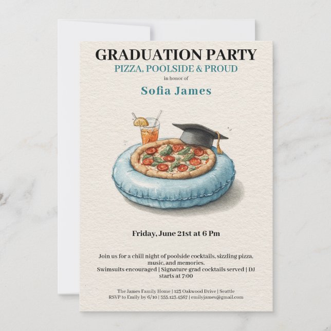 Convite Pool Party Pizza Graduation Celebration Invitation (Frente)