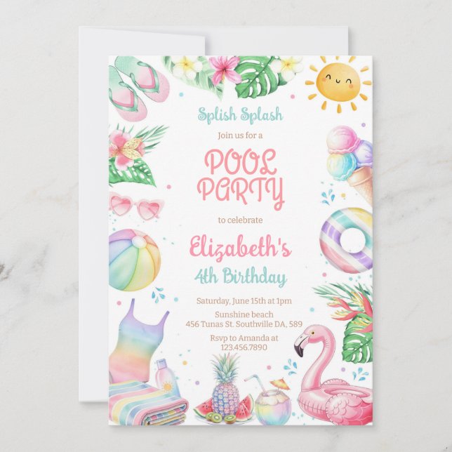 Convite Pool Party Splish Splash Summer Beach Birthday (Frente)