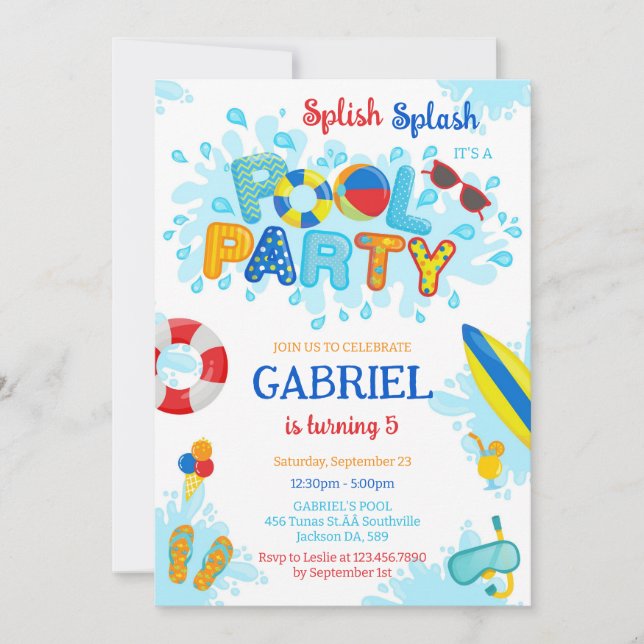 Convite Pool Party Splish Splash Summer Beach Birthday (Frente)