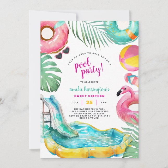 Convite Pool Party Summer Beach Birthday Invitation (Frente)