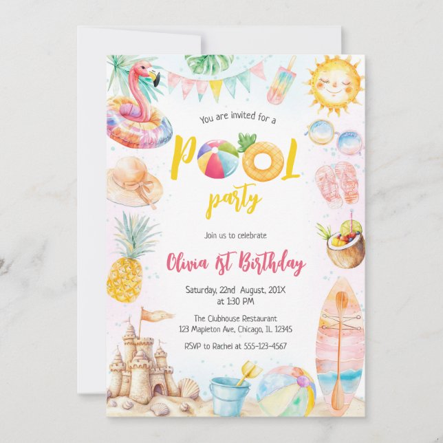 Convite Pool Party Summer Theme Birthday Party Invitation (Frente)