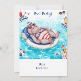 Convite  Pool Party with Hippo 