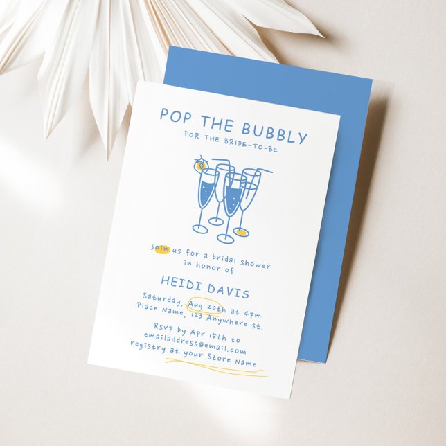 Convite Pop Amarelo e Azul Retroativo O Chá de panela Borr (Retro Yellow & Blue Pop The Bubbly Bridal Shower Invitation)
