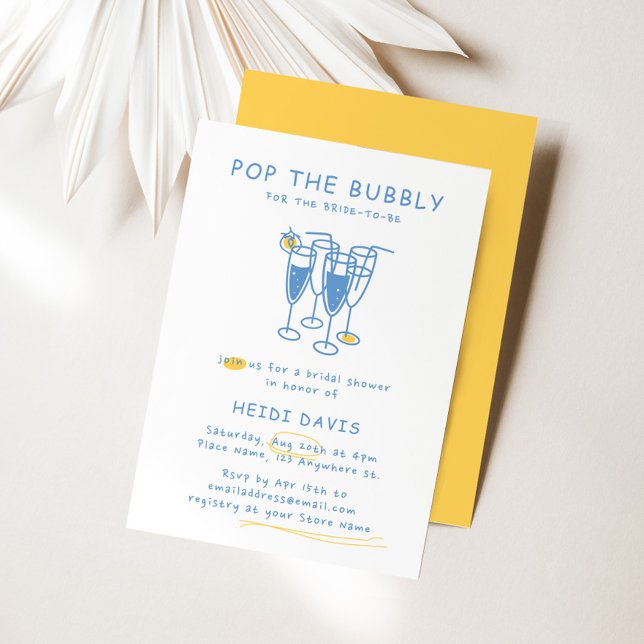 Convite Pop Amarelo e Azul Retroativo O Chá de panela Borr (Retro Yellow & Blue Pop The Bubbly Bridal Shower Invitation)