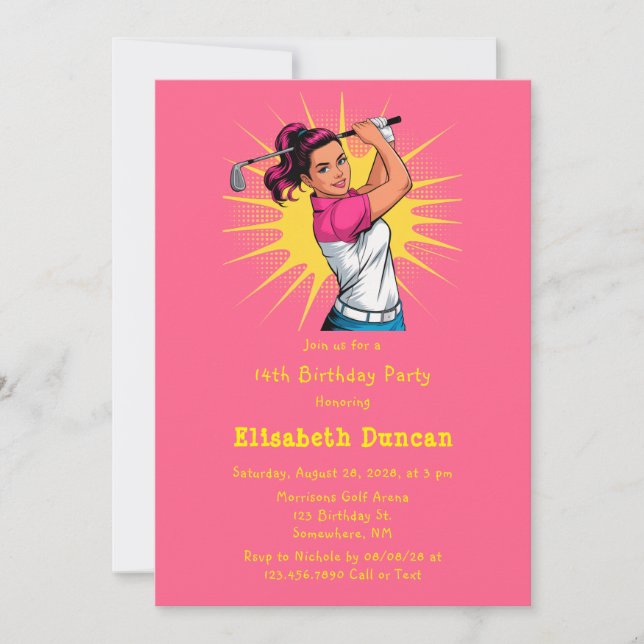 Convite Pop Art Girl Golfer Festa de aniversário (Frente)