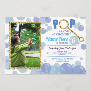 Convite POP Bubble Birthday Blue Photo Glitter Dourado