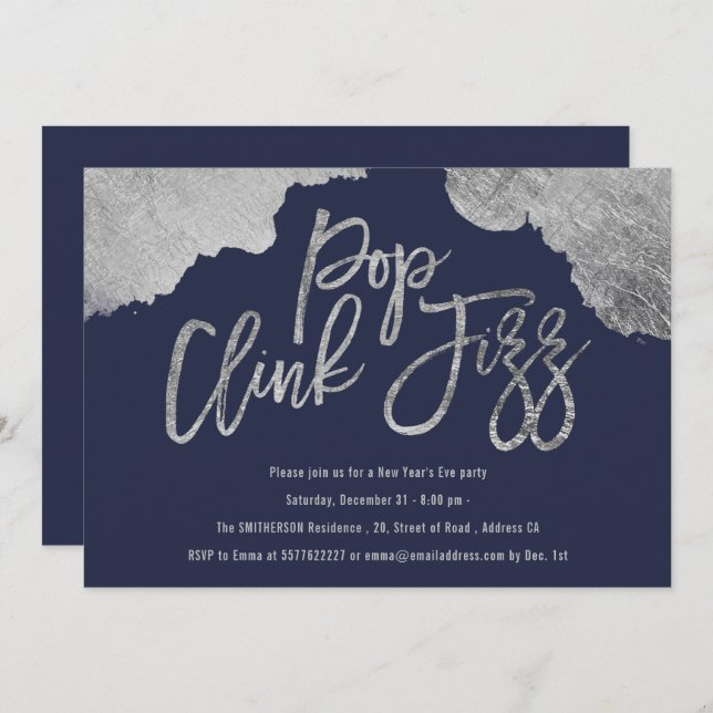 Convite Pop clink edifica Véspera de ano novo azul (Frente/Verso)