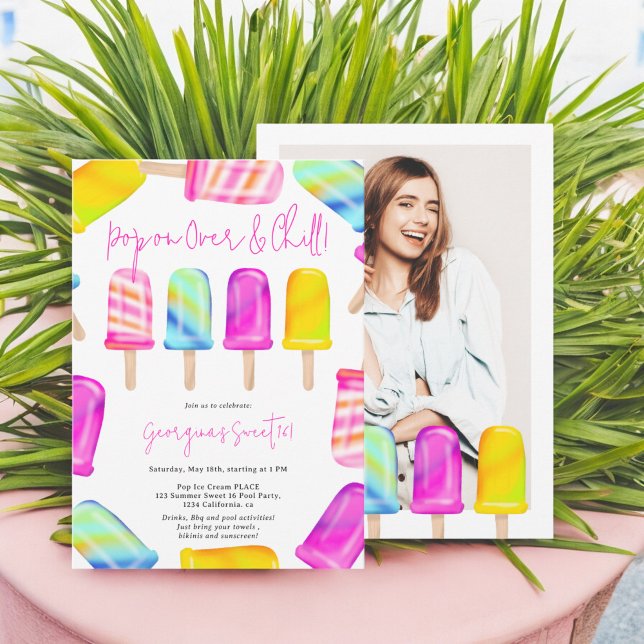 Convite Pop de verão na foto do sorvete frio Sweet 16 (Summer Pop on chill ice cream photo Sweet 16 Invitation)