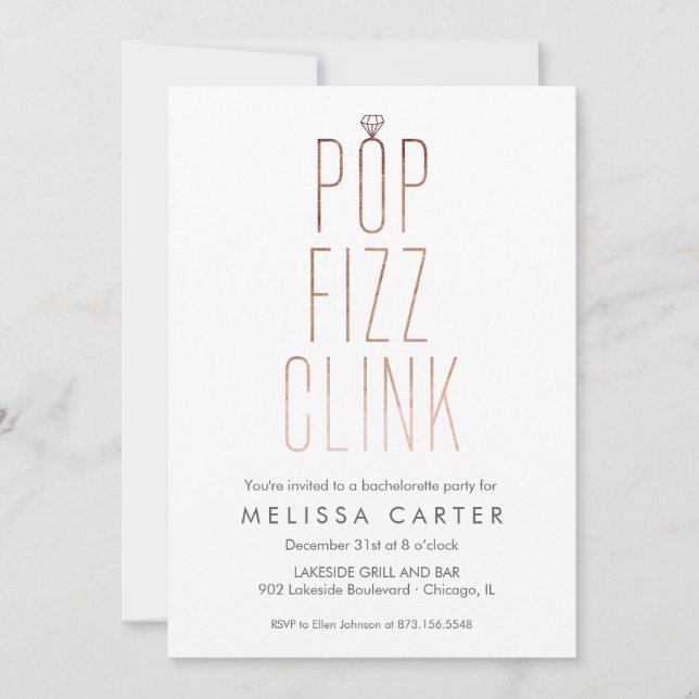 Convite Pop Dourada rosa Fizz Clink Bachelorette Faux Foil (Frente)
