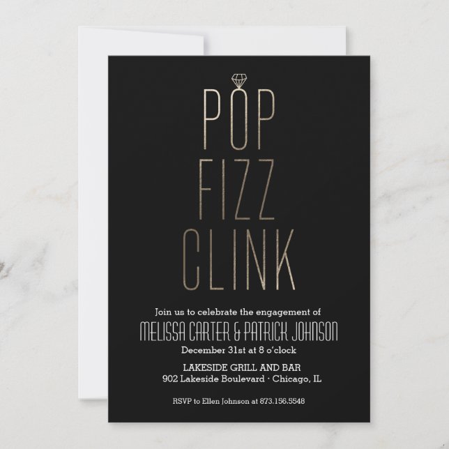 Convite Pop Fizz Clink Ano Novo Faux Foil (Frente)