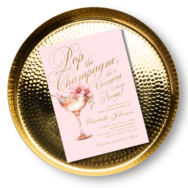 Convite Pop Floral Dourada rosa, Chá de panela de Champanh (Pink Gold Floral Pop the Champagne Bridal Shower Invitation)
