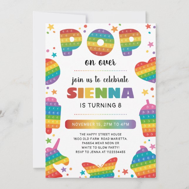 Convite Pop it Invitation for Birthday Party Fidget Toy  (Frente)