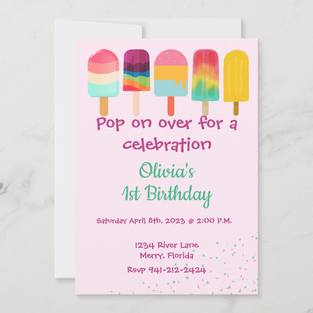 Convite Pop on Over Summer Theme Birthday (Frente)