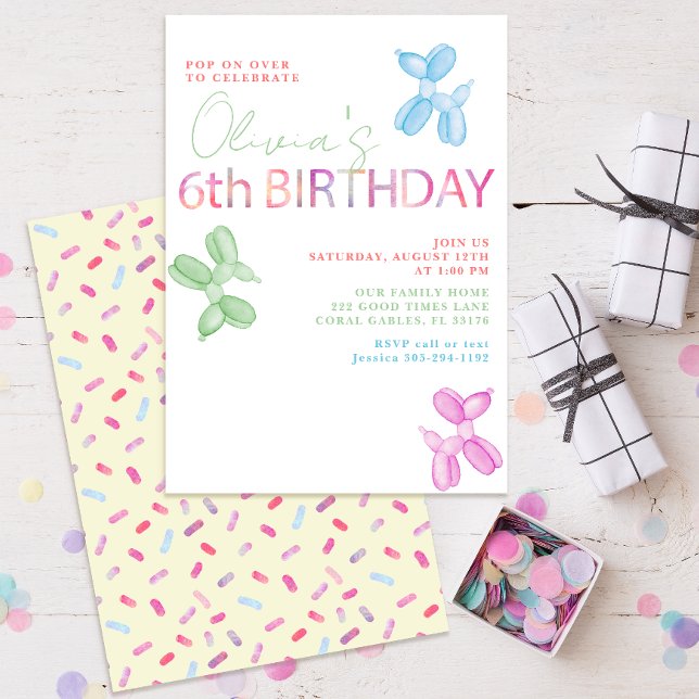 Convite Pop sobre 6 Aniversário do Balão de Aniversário (watercolor balloon animal sixth birthday party invitations)