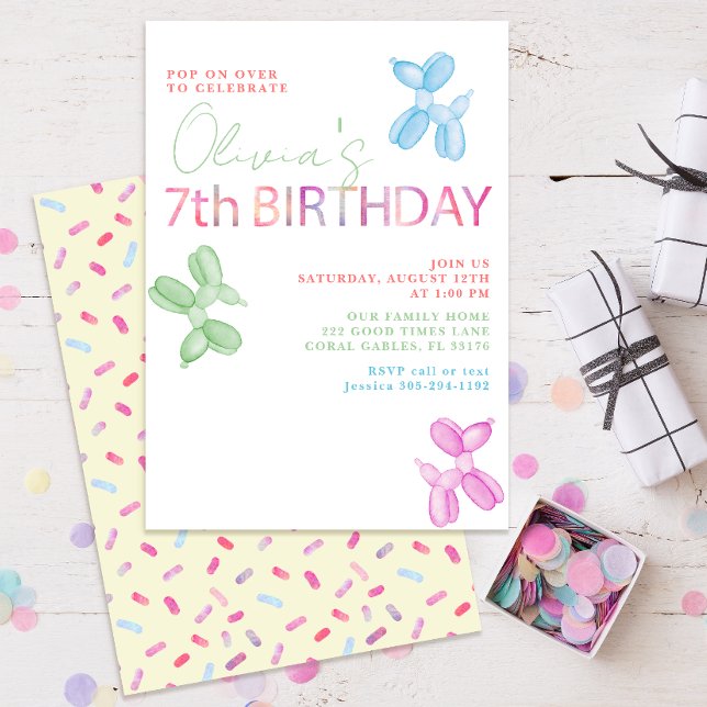 Convite Pop sobre 7 Aniversário Convidado (cute pastel seventh birthday party invitations)