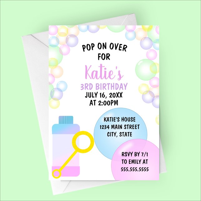 Convite Pop Sobre a Parte do Aniversário de criança (Pop on Over | Bubbles Birthday Party Invitation | Spring or Summer Birthday)